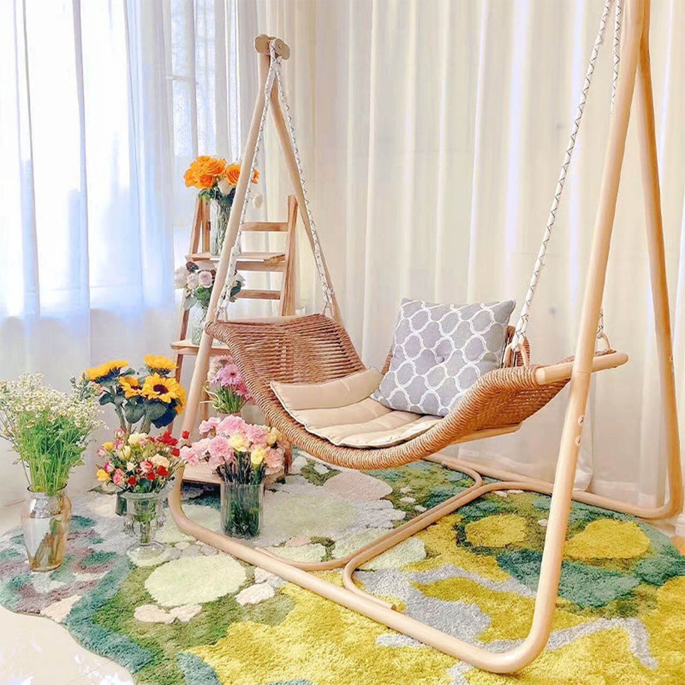 Outdoor Camping Rocking Chair - 3 Seater Garden Rattan Rope Swing